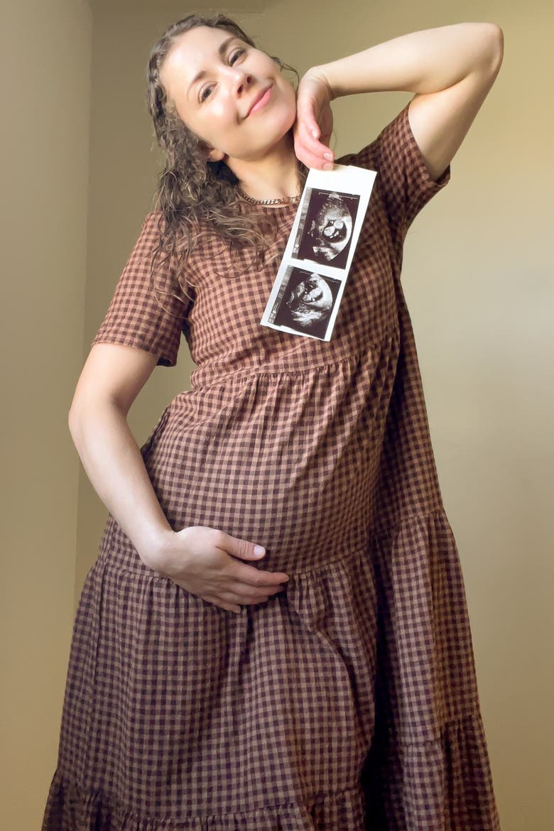 Gingham Tiered Midi Dress, Alternate, color, Mocha