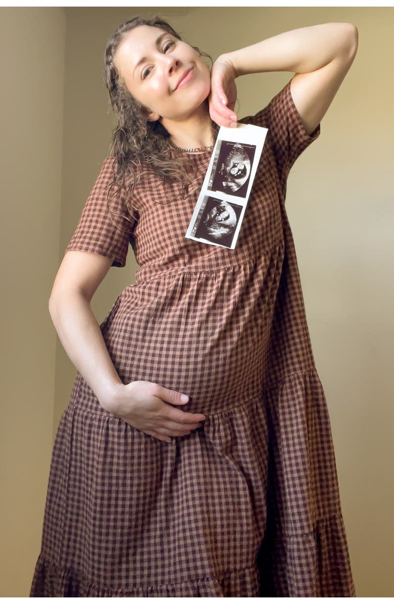 PinkBlush Gingham Tiered Midi Dress, Alternate, color, Mocha