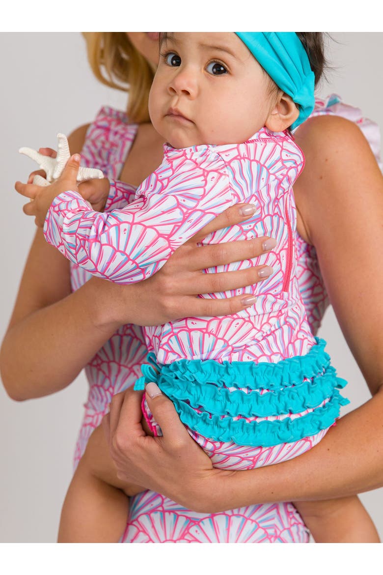 Baby Girls Mermaid Long Sleeve UPF50+ One Piece Rash Guard, Alternate, color, Pink Magical Mermaids
