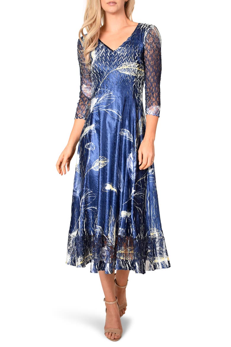 Charmeuse & Chiffon Midi Dress, Main, color, INDIGO TROPIC