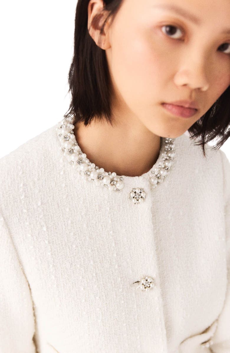 maje Pearl-trimmed tweed jacket, Alternate, color, Ecru