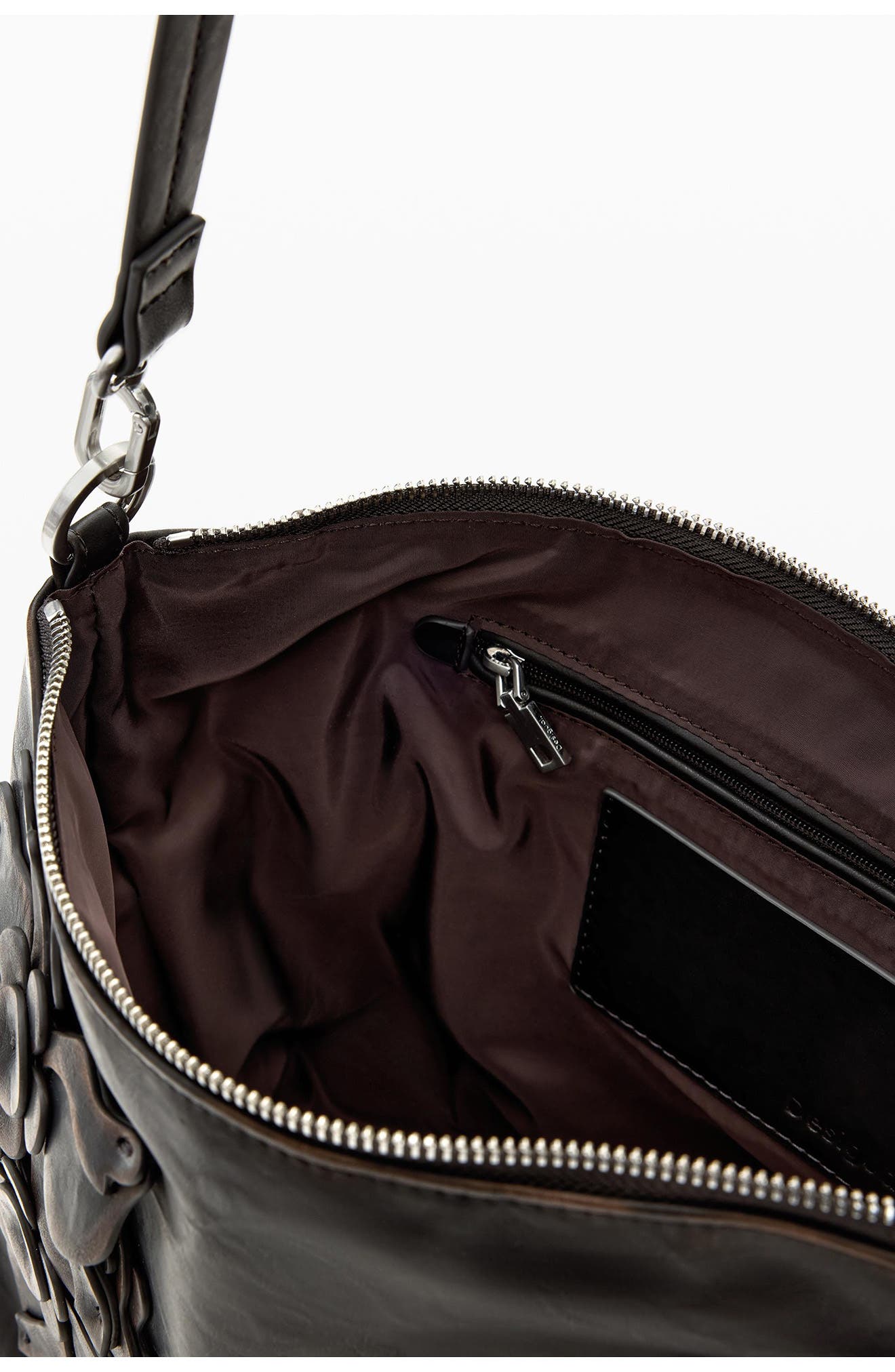 Desigual Medium Floral Appliqué Faux Leather Shoulder Bag, Alternate, color, Dark Brown