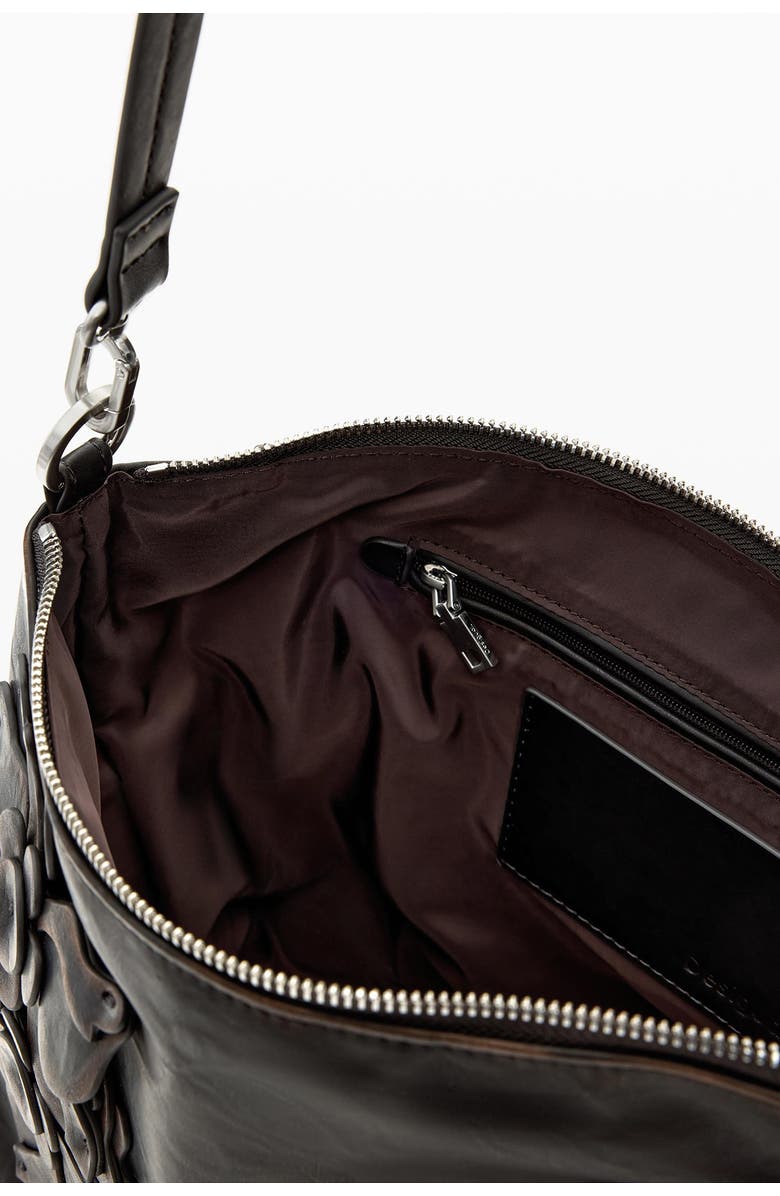 Desigual Medium Floral Appliqué Faux Leather Shoulder Bag, Alternate, color, Dark Brown