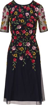 Adrianna Papell Floral Beaded Mesh Cocktail Dress