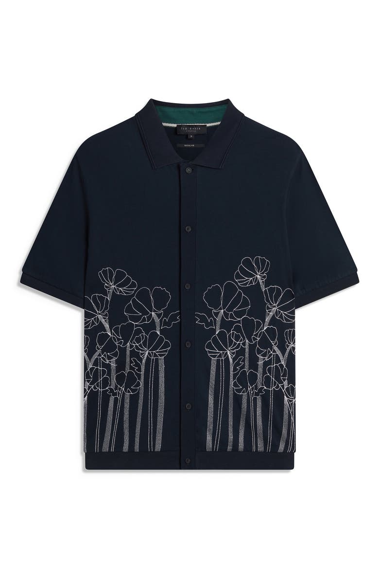 Actton Embroidered Short Sleeve Knit Button-Up Shirt, Alternate, color, NAVY