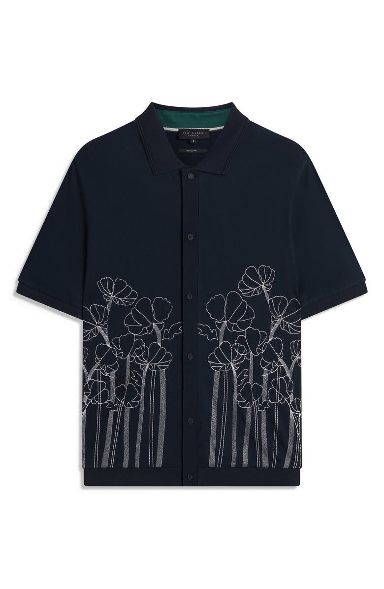 Ted Baker Actton Embroidered Short Sleeve Knit Button-Up Shirt, Alternate, color, Navy