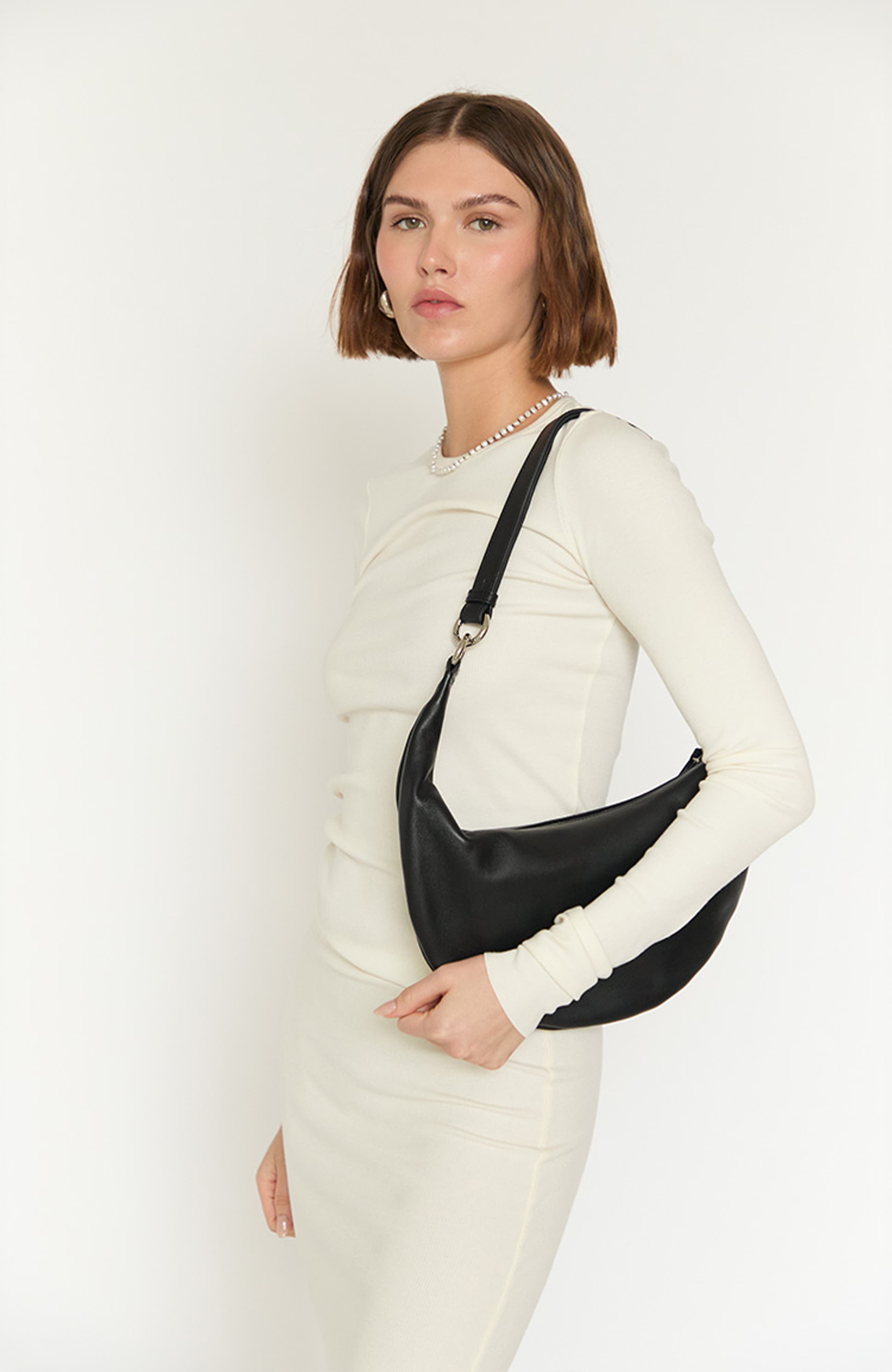 HYER GOODS Small Leather Convertible Hobo Crescent  Ring Bag, Alternate, color, Black/Silver