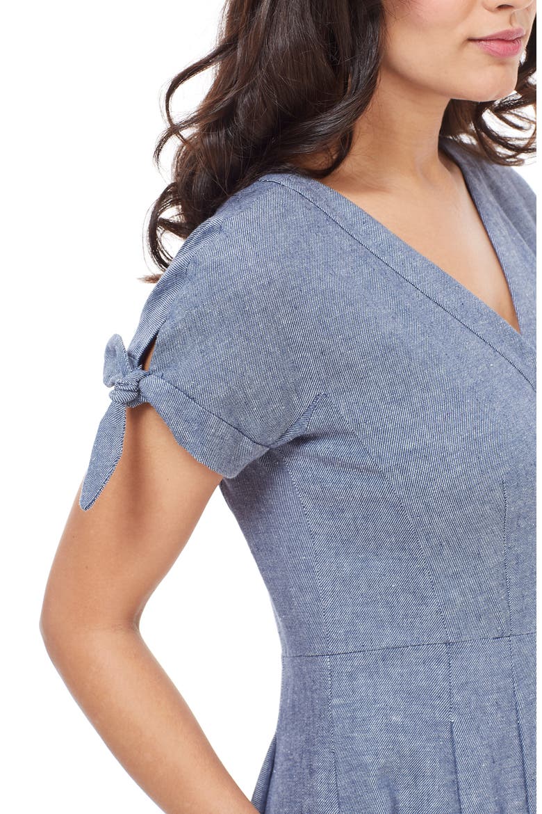 Lenna Button Front Linen Blend Fit & Flare Dress, Alternate, color, CHAMBRAY