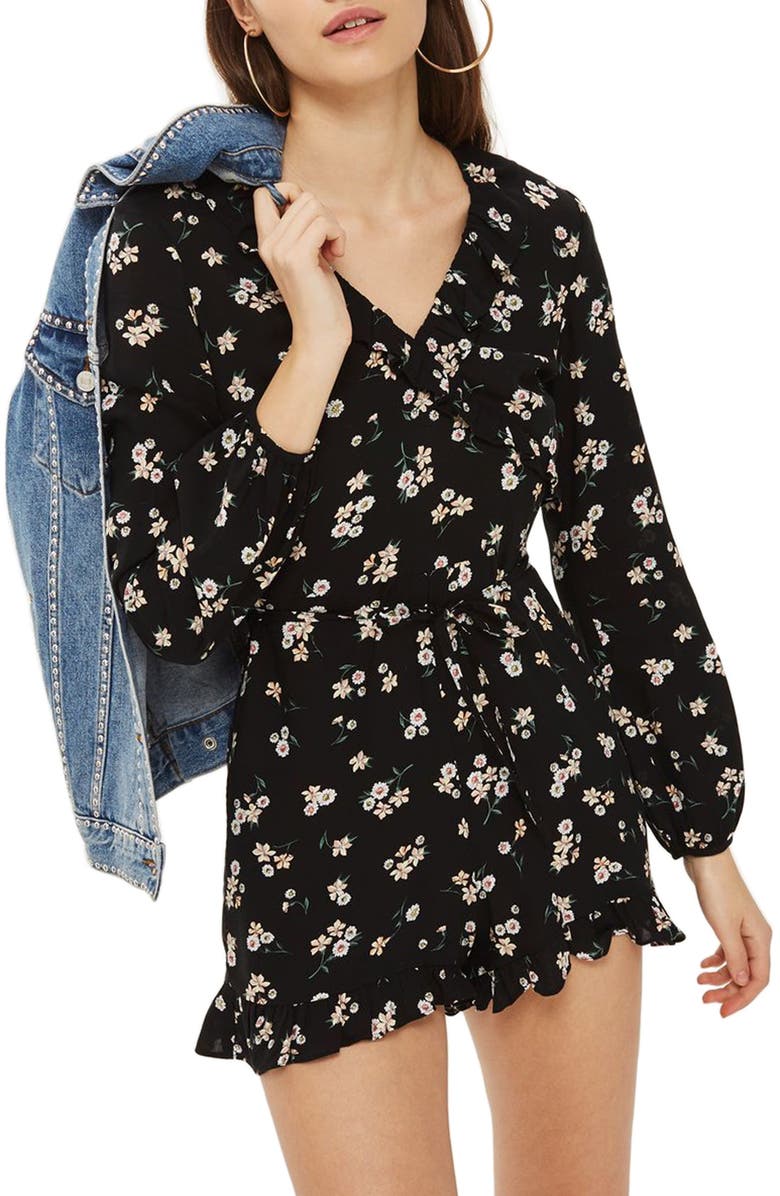 Topshop Floral Wrap Frill Romper, Main, color,