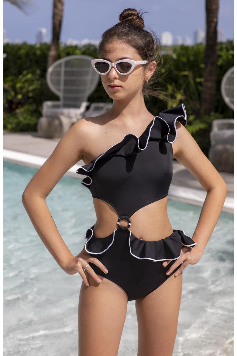 One Shoulder Cut-Out Design One Piece Swimsuit, Little Kid-Big Kid, Alternate, color, Black