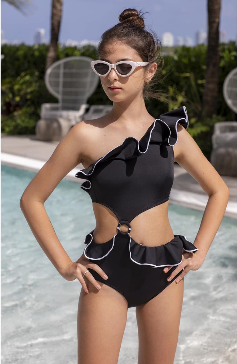 NESSI BYRD One Shoulder Cut-Out Design One Piece Swimsuit, Little Kid-Big Kid, Alternate, color, Black