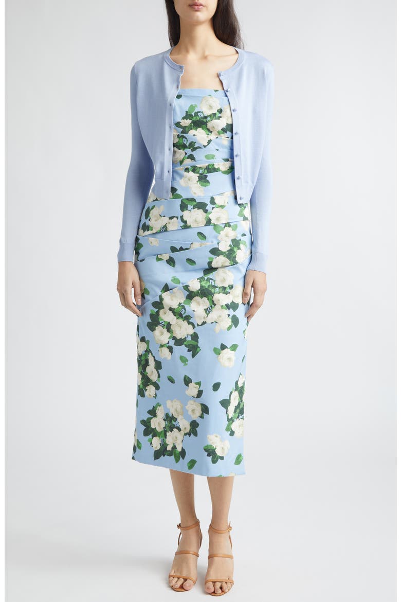 Rose Print Pleated Faille Midi Dress, Alternate, color, CLOUDY BLUE MULTI