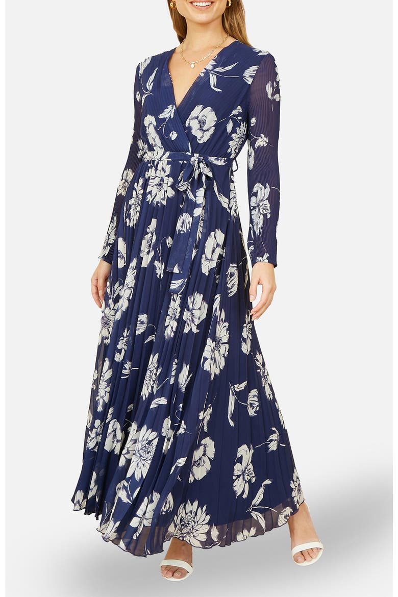 Floral Pleated Midi Wrap Dress, Alternate, color, Navy