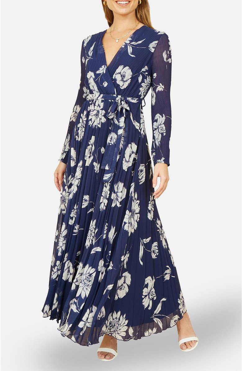 Yumi Floral Pleated Midi Wrap Dress, Alternate, color, Navy