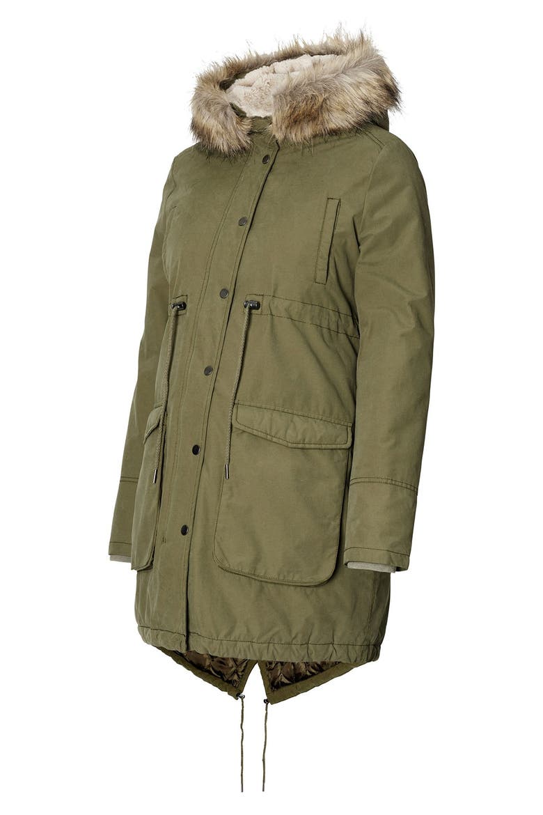 Malin Maternity Jacket with Faux Fur Trim, Alternate, color, ARMY