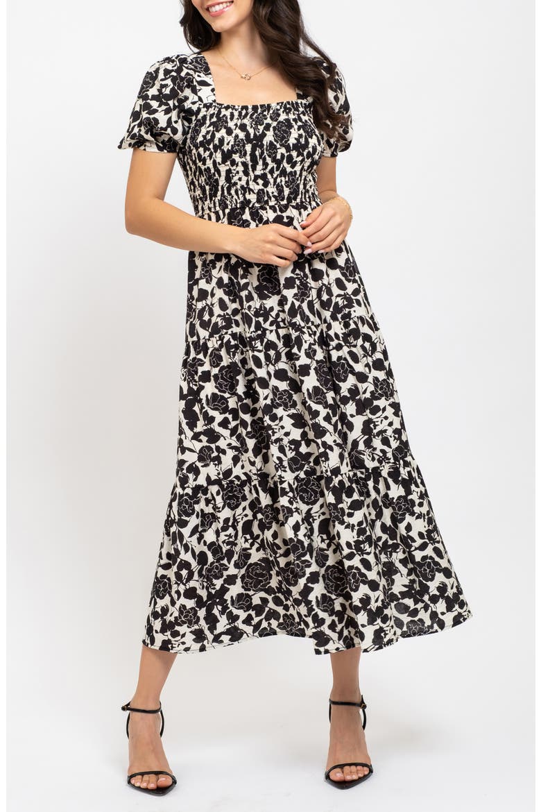 Floral Puff Sleeve Smocked Midi Dress, Alternate, color, BLACK MULTI