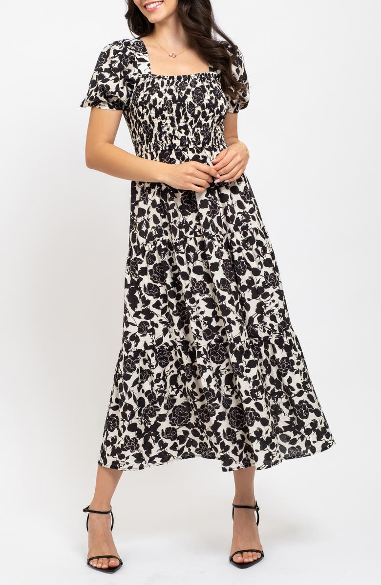 AUGUST SKY Puff Sleeve Smocked Midi Dress, Alternate, color, Black Multi