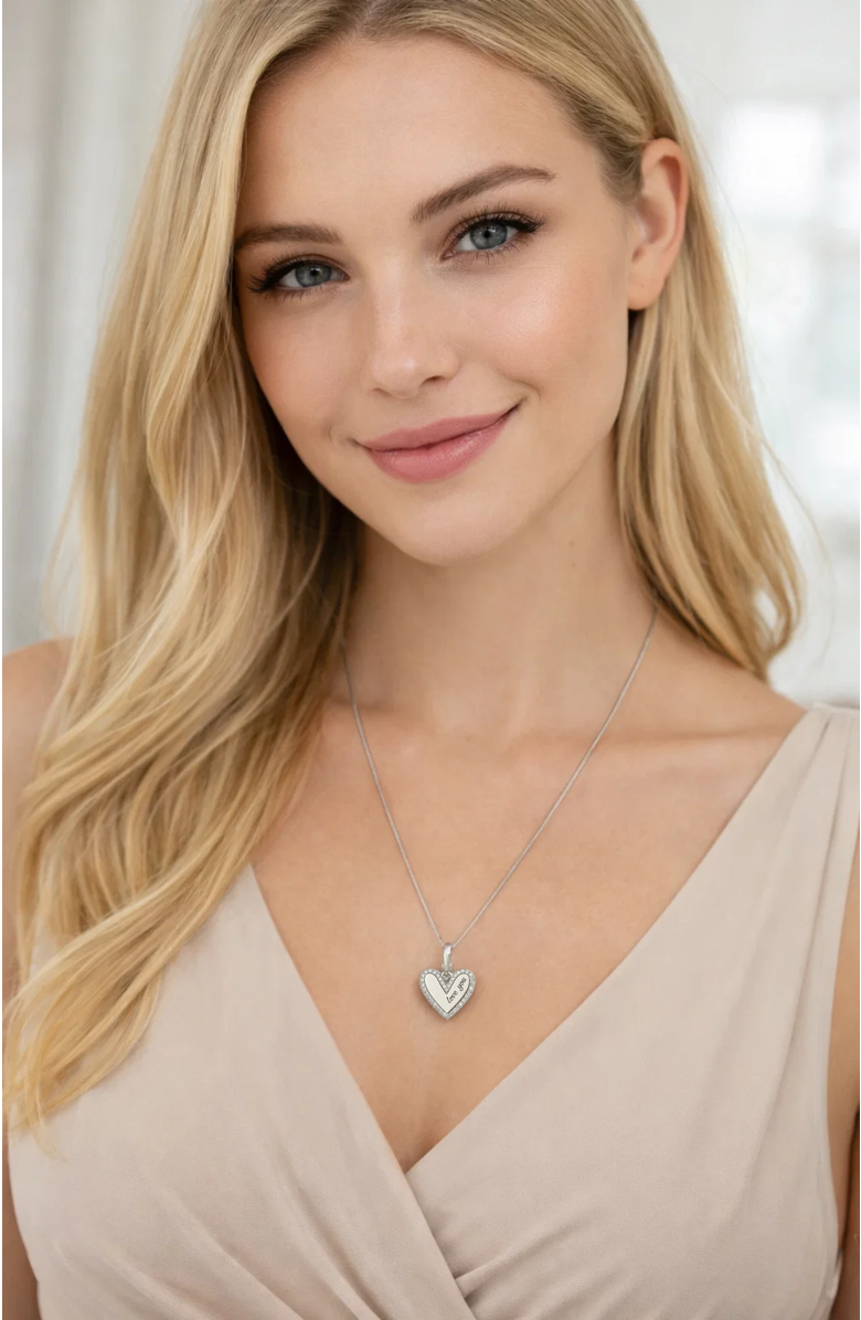 Hollywood Sensation Marina "Love You" Pavé Heart Necklace, Alternate, color, Silver