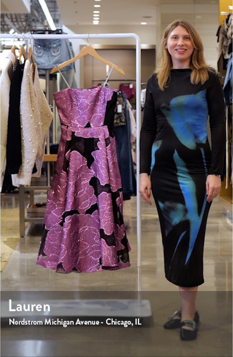 Elle Metallic Strapless Jacquard Cocktail Dress, sales video thumbnail