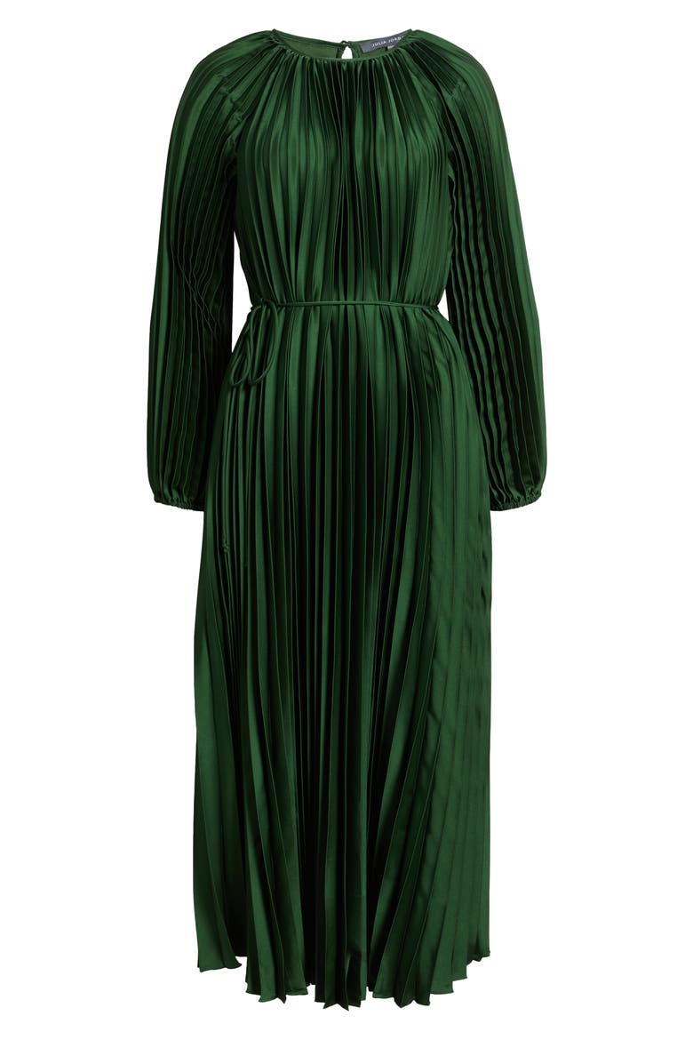 Pleated Long Sleeve Satin Midi Dress, Alternate, color, GREEN
