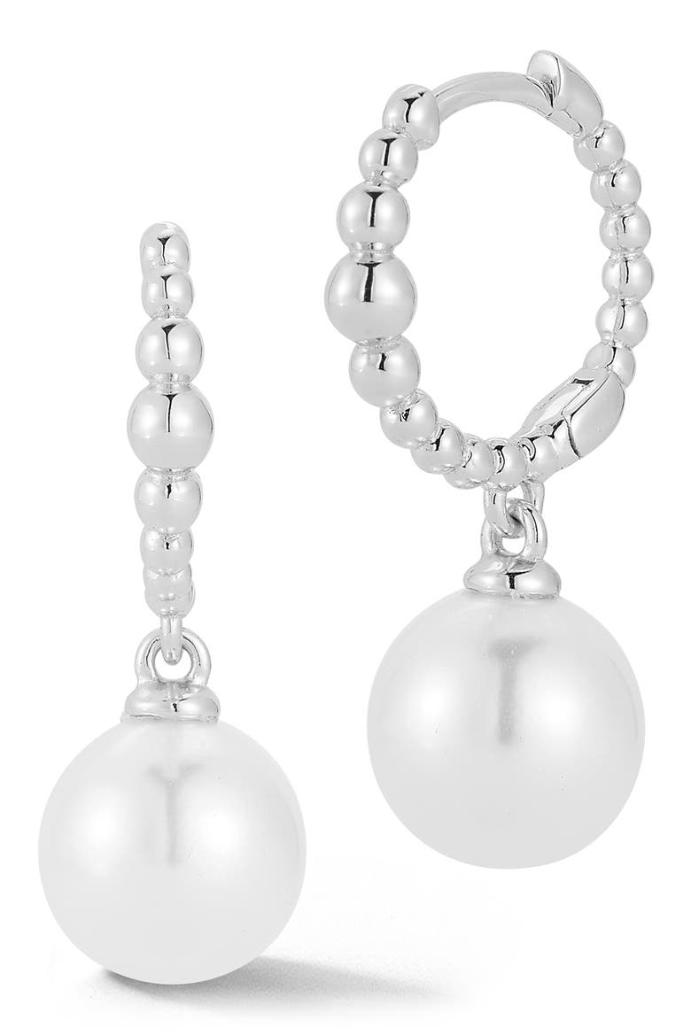 Cultured Pearl Drop Huggie Hoop Earrings, Main, color, SILVER