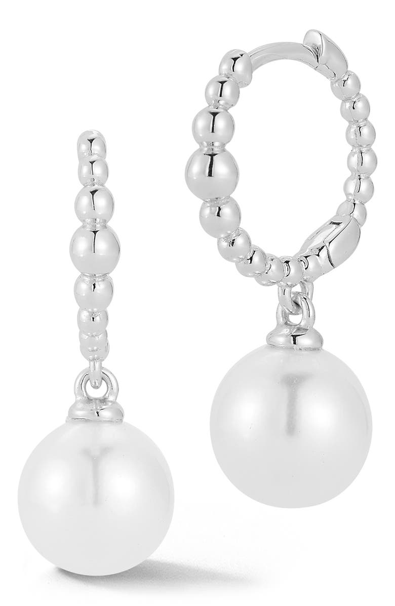 GLAZE JEWELRY Cultured Pearl Drop Huggie Hoop Earrings, Main, color, Silver