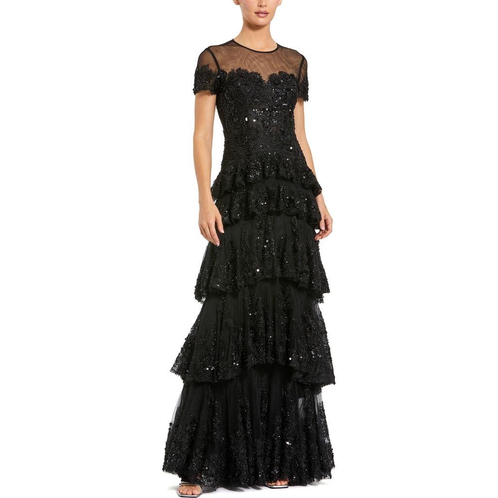 Mac Duggal Short Sleeve Tiered Mesh Gown With Embellishments In Black