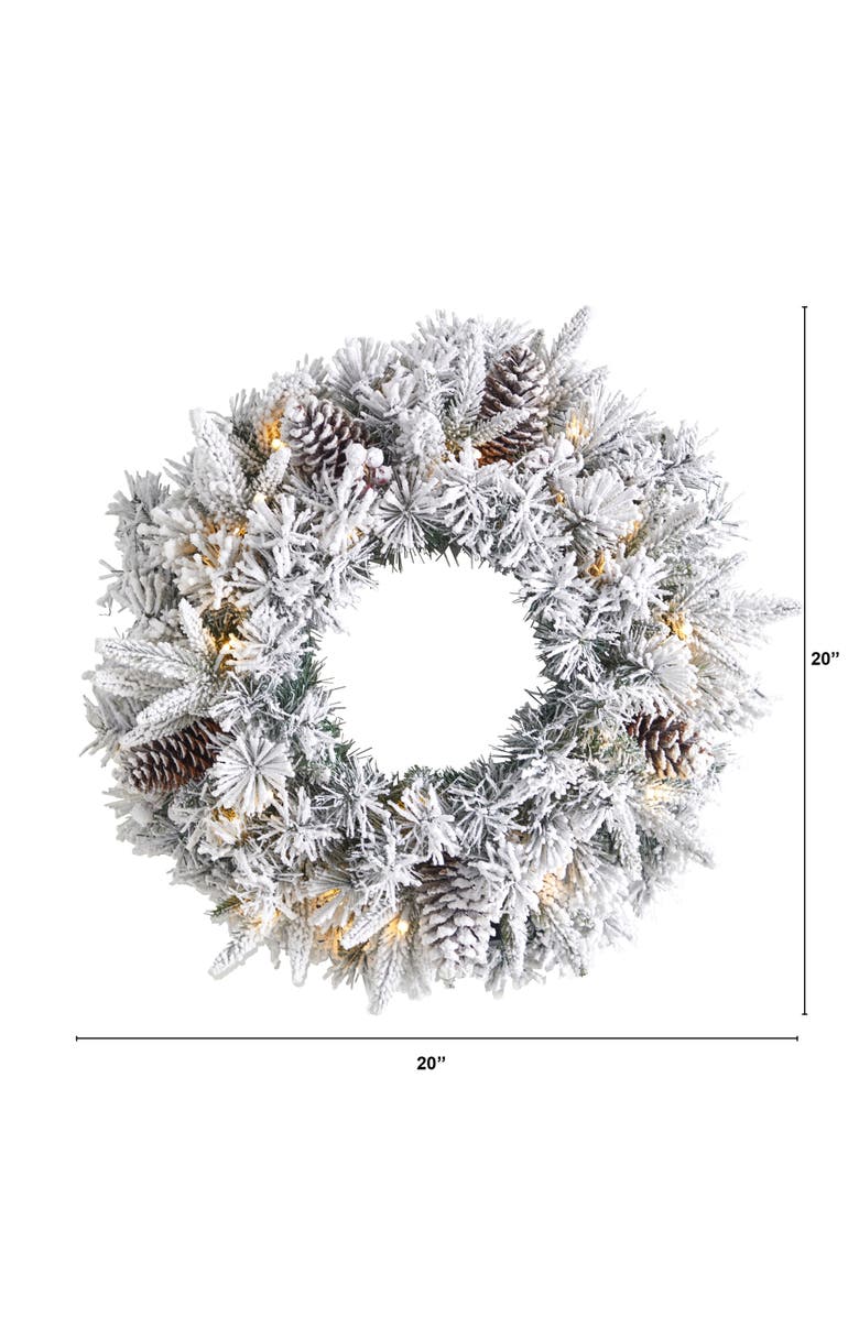 NEARLY NATURAL 20-in Flocked Artificial Christmas Wreath with 35 Warm White LED Lights, Alternate, color, White