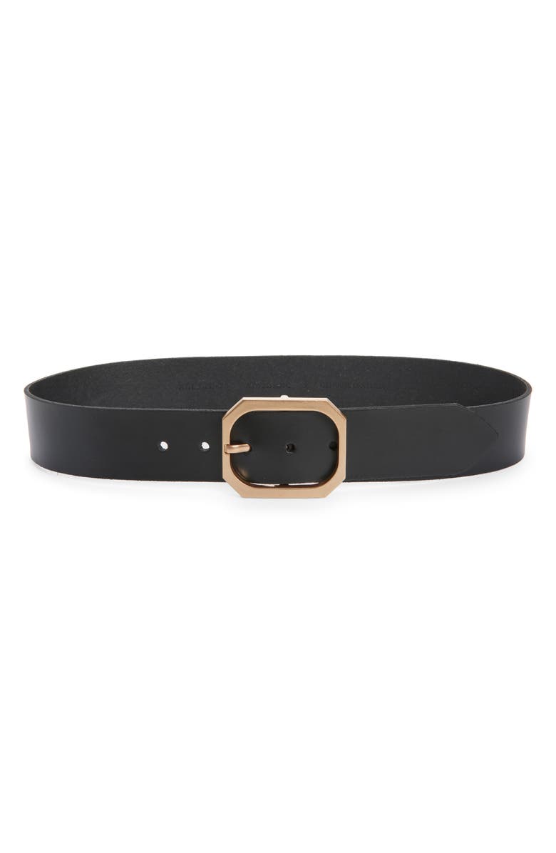 AllSaints Hexagon Buckle Leather Belt, Main, color, Black / Warm Brass