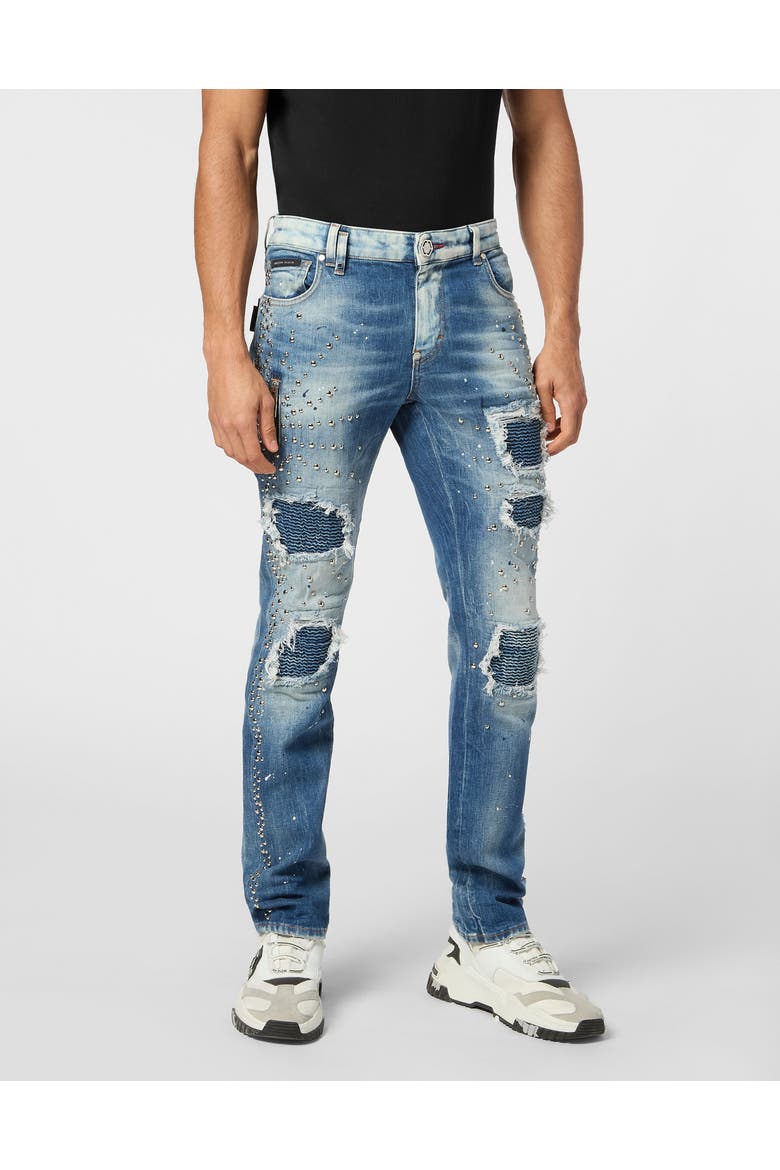 Denim Rock Star Fit Trousers Studs Men, Main, color, ThunderBlue