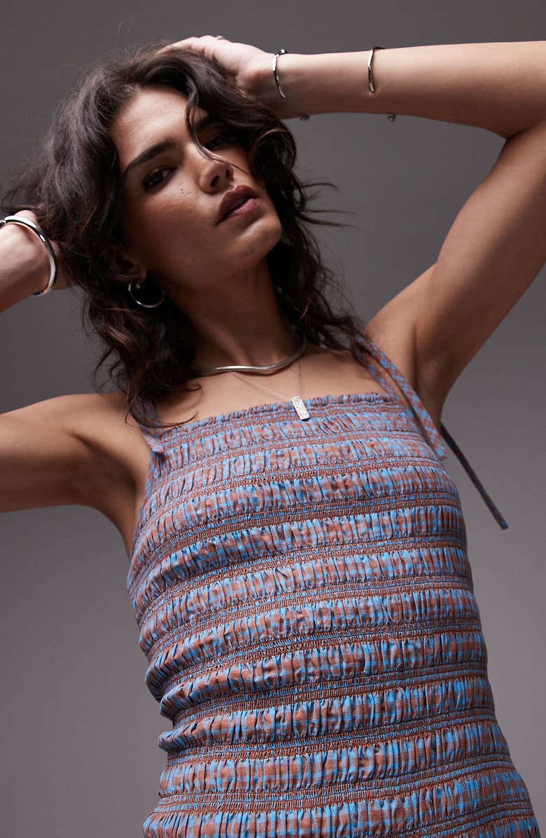 Topshop Plaid Smocked Drop-Waist Midi Dress, Alternate, color, Medium Blue