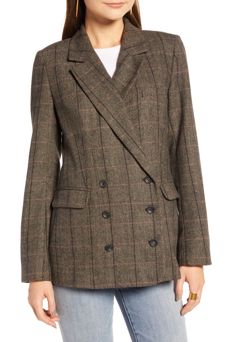 Plaid Double Breasted Blazer, Alternate, color, BROWN WHALES CHECK