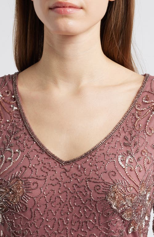 Pisarro Nights Beaded V-neck Cocktail Dress In Brown