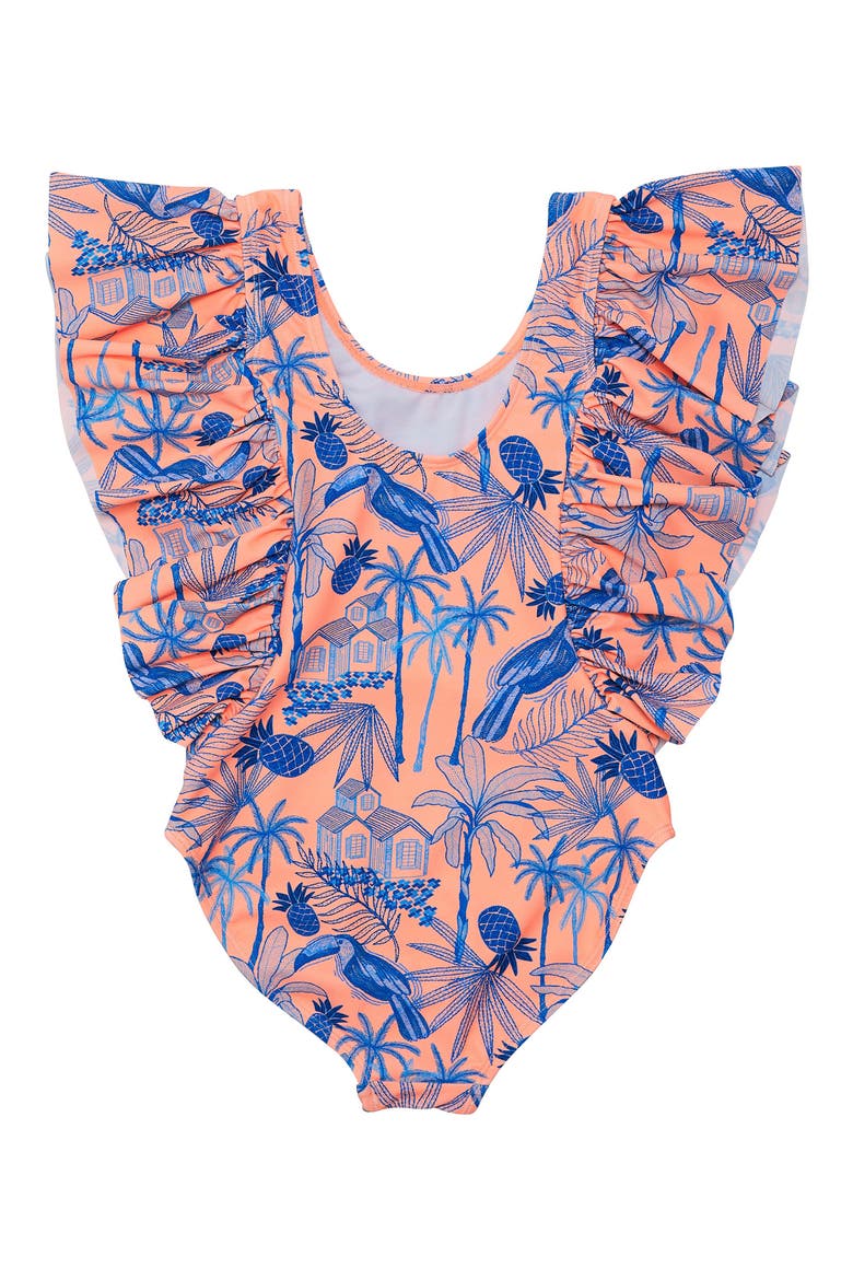 Kids' Tropicana Vacay Ruffle One-Piece Swimsuit, Alternate, color, ORANGE / BLUE