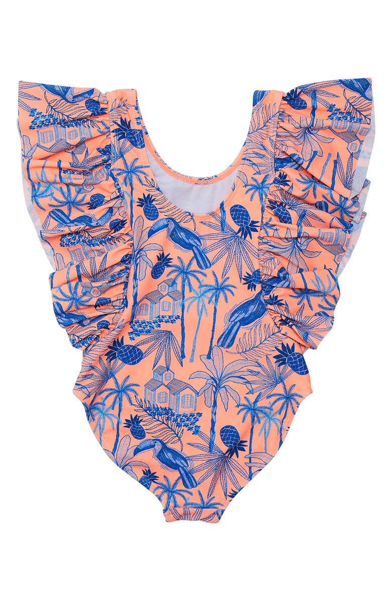 Snapper Rock Kids' Tropicana Vacay Ruffle One-Piece Swimsuit, Alternate, color, Orange / Blue