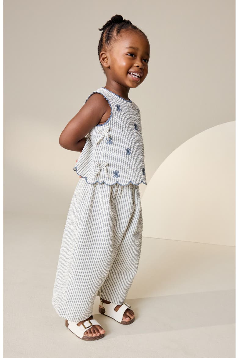 Kids' Floral Embroidered Sleeveless Cotton Seersucker Top & Pants Set, Alternate, color, BLUE