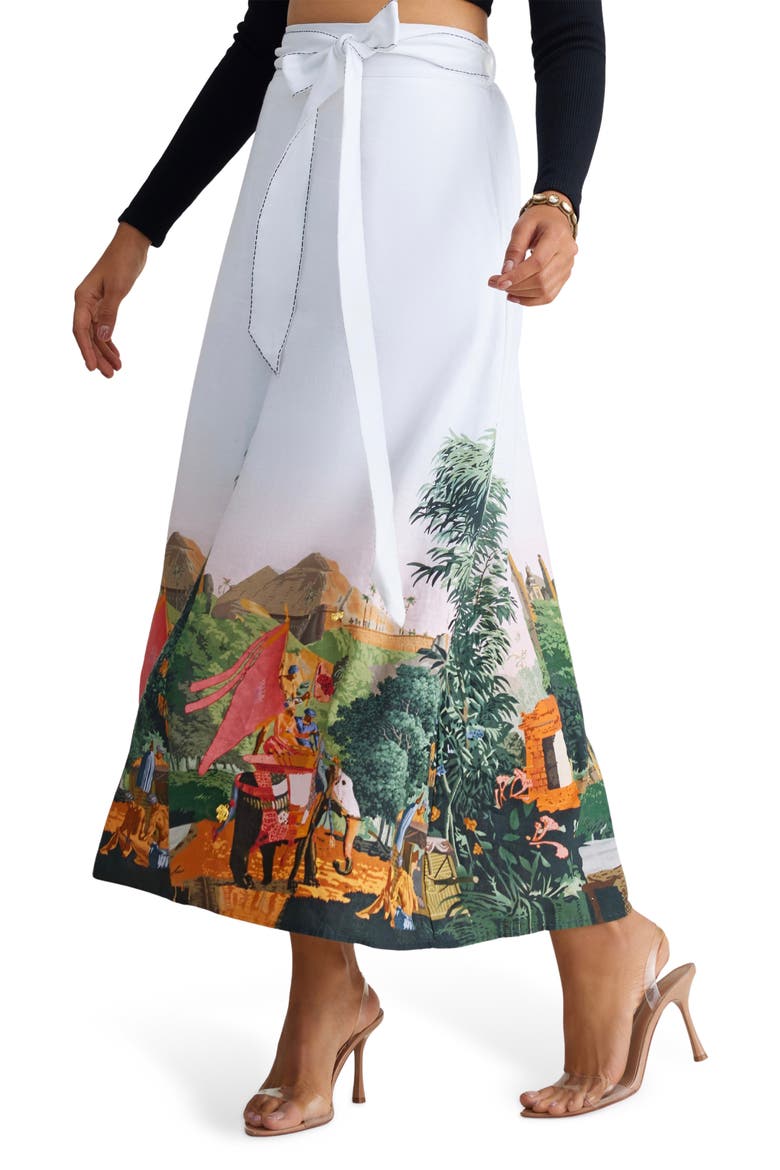 Misha Tie Waist Linen & Cotton Midi Skirt, Alternate, color, WHITE