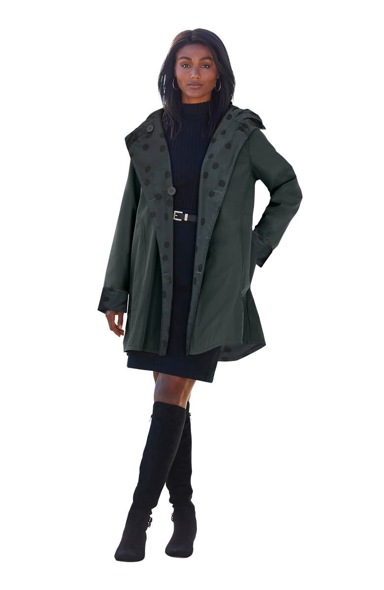 Jessica London Reversible A-Line Raincoat, Main, color, Dark Charcoal Dot