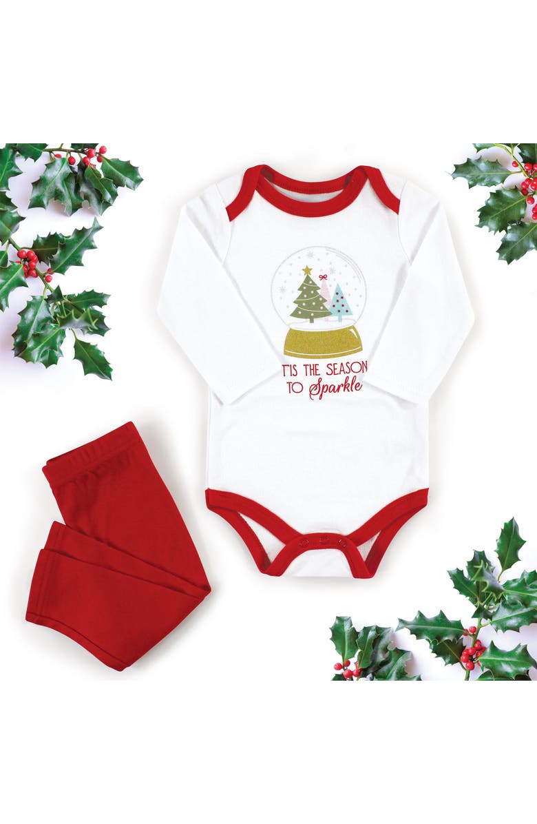 Hudson Baby Cotton Bodysuit and Pant Set, Alternate, color, Red Sparkle Trees