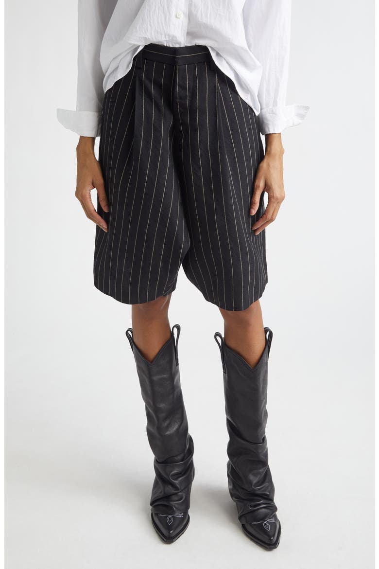 Jumbo Pinstripe Wool & Linen Shorts, Main, color, BLACK WHITE PINSTRIPE