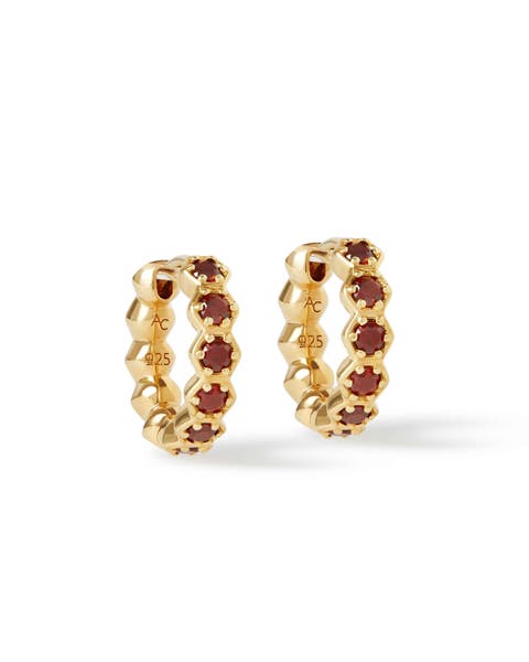Gold Deco Red Garnet & Red Sapphire Huggie Earrings