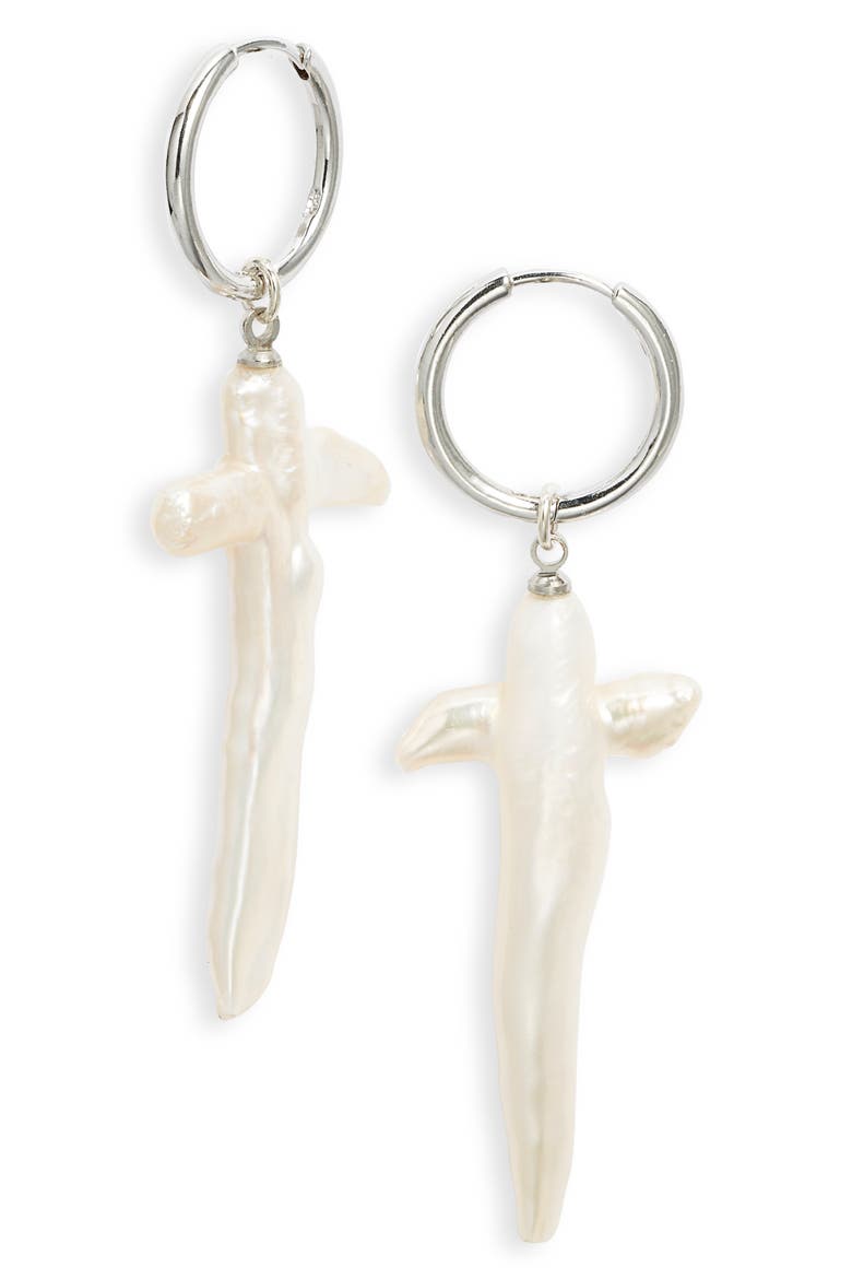 Esther Freshwater Pearl Cross Earrings, Main, color, SILVER