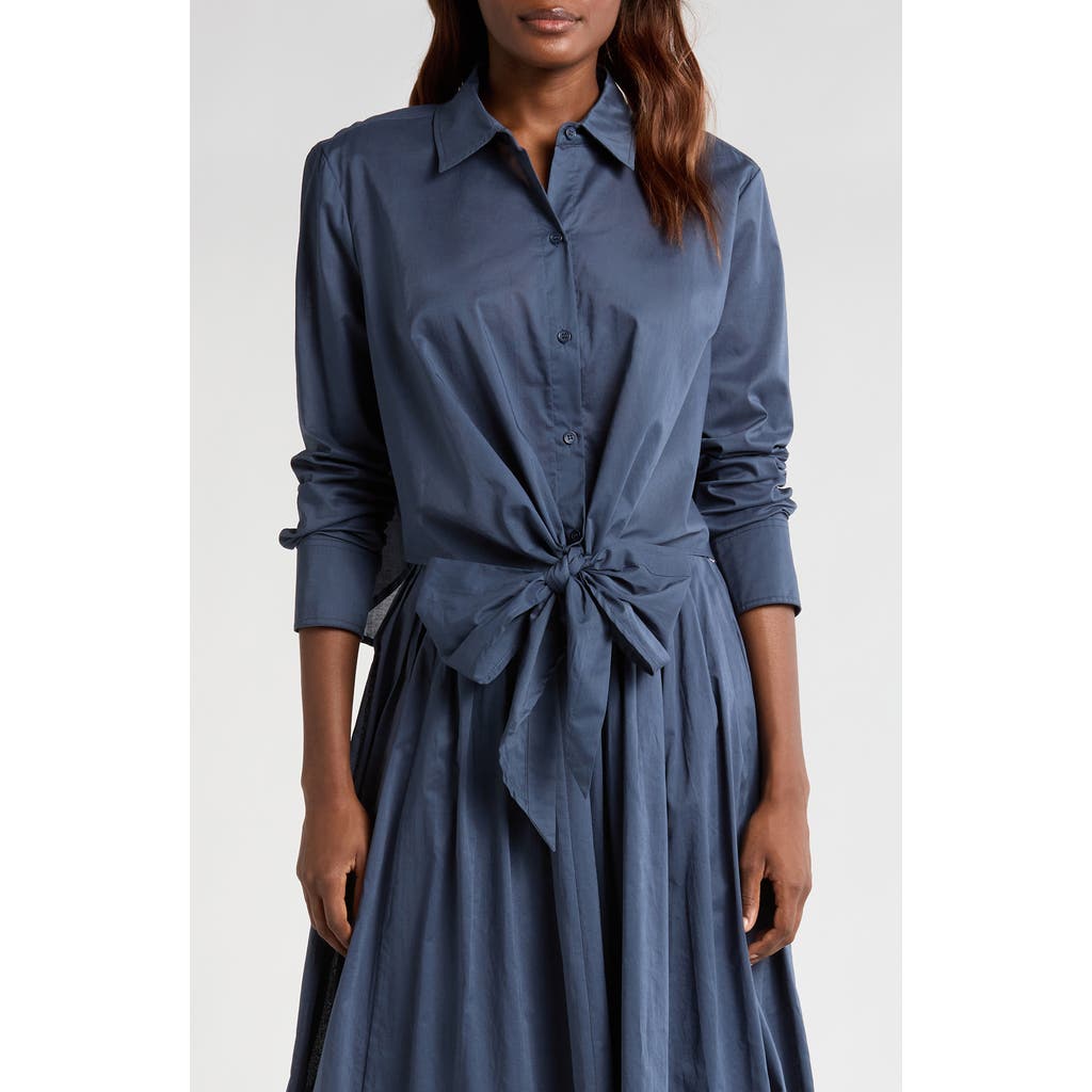 Wayf Amelie Tie Waist Cotton Button-up Shirt In Stone Blue