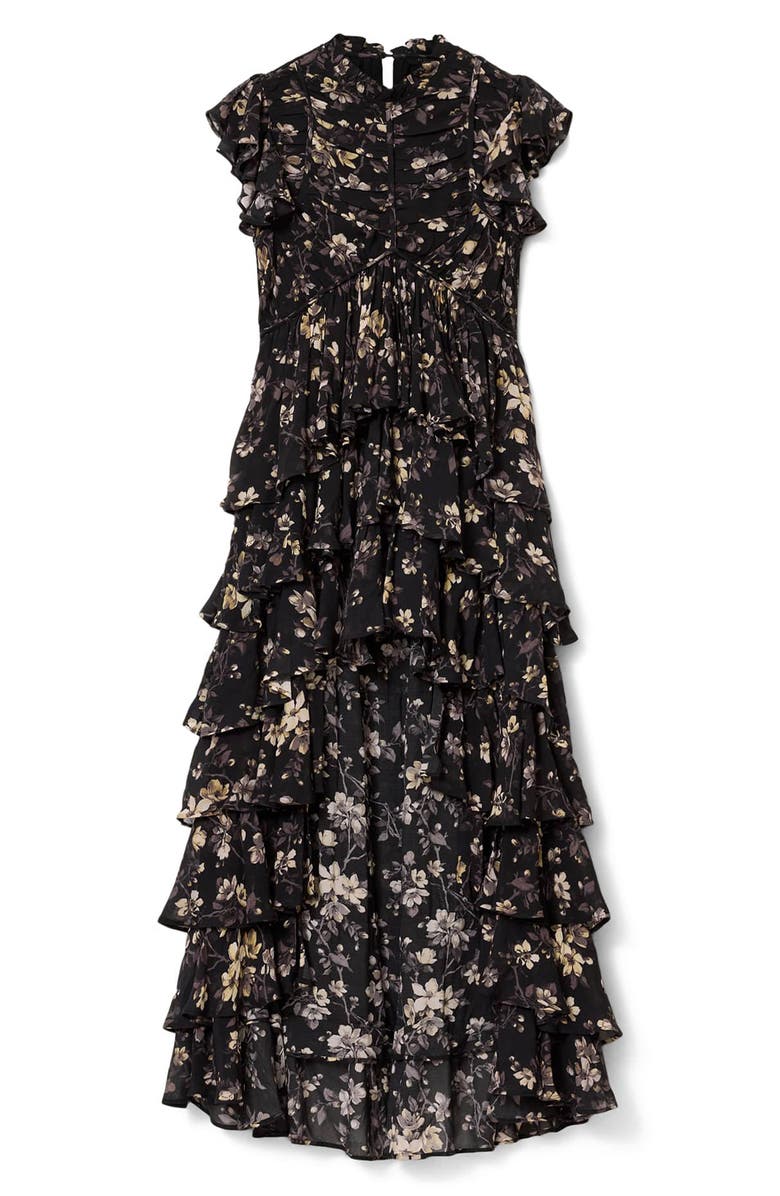 AllSaints Shaela Floral Tiered Ruffle High-Low Dress, Alternate, color, Vine Black