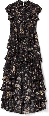 AllSaints Shaela Floral Tiered Ruffle High-Low Dress