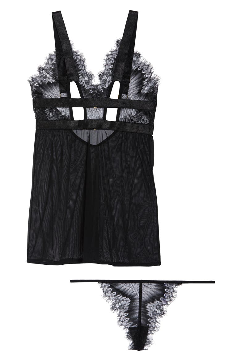 Janet Babydoll Chemise & G-String Thong, Alternate, color, BLACK
