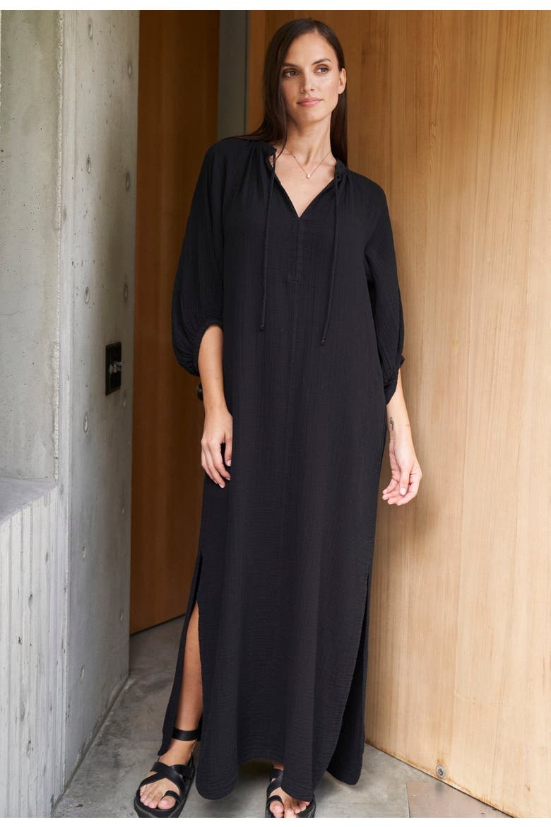 Avery Long Tie Neck Dress Gauze Caftan, Alternate, color, Black