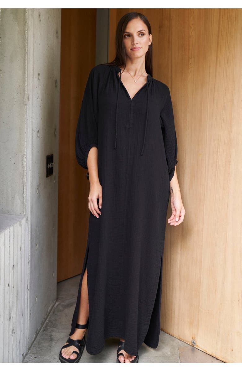 ocean+main Avery Long Tie Neck Dress Gauze Caftan, Alternate, color, Black