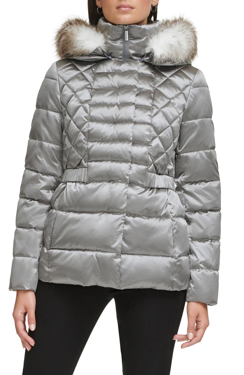 Kenneth Cole New York Core Mixed Puffer Jacket with Faux Fur Trim, Alternate, color, Gunmetal