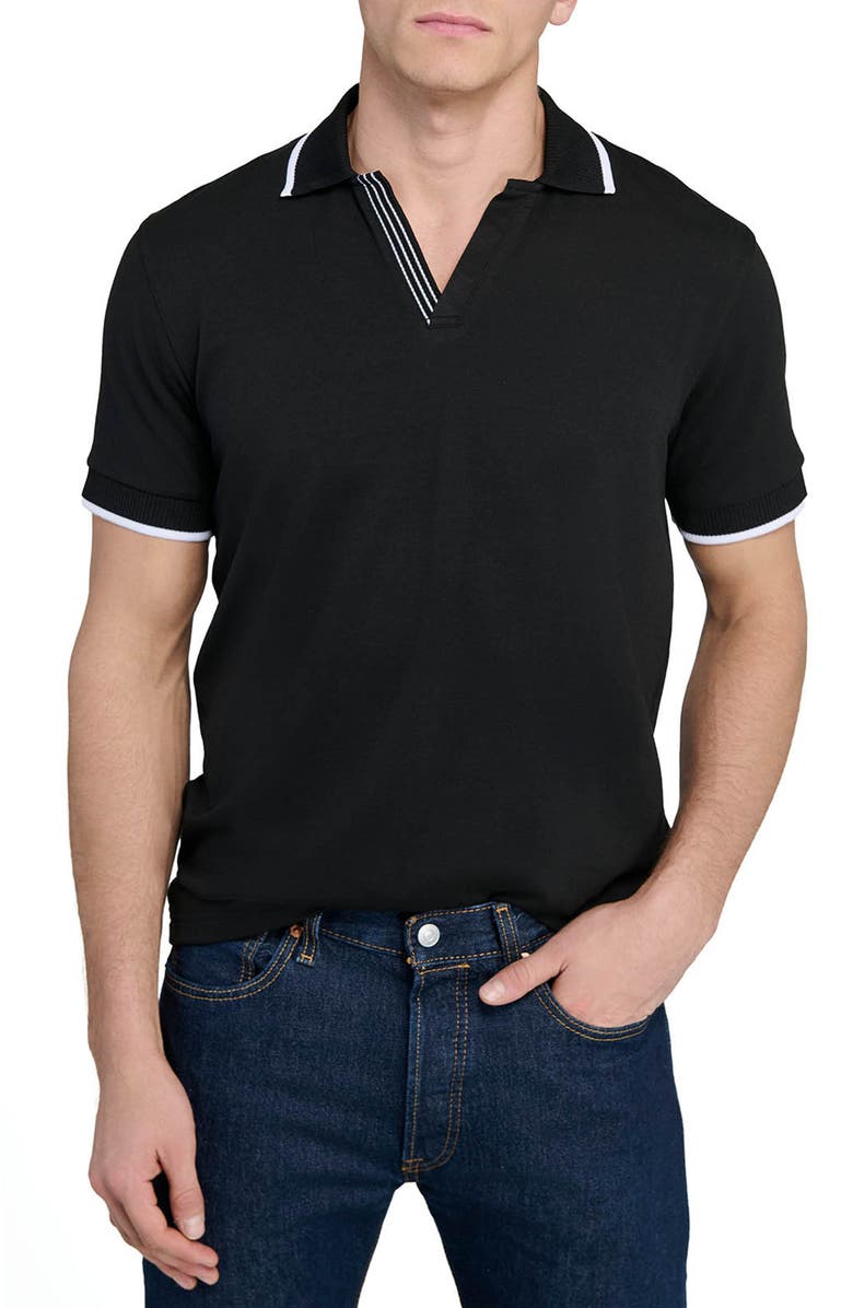 CONSTRUCT Slim Fit Solid Johnny Collar Short Sleeve Polo, Main, color, Black